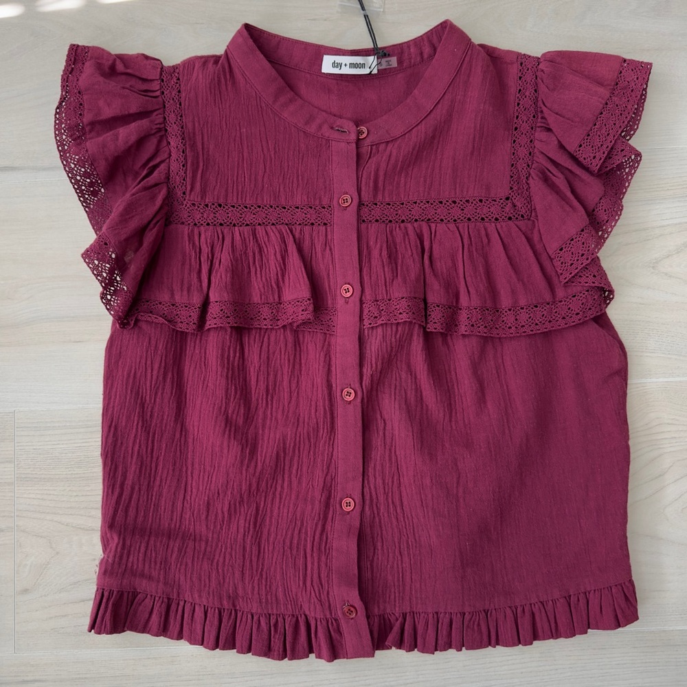 Day + Moon Ruffled Burgundy Top